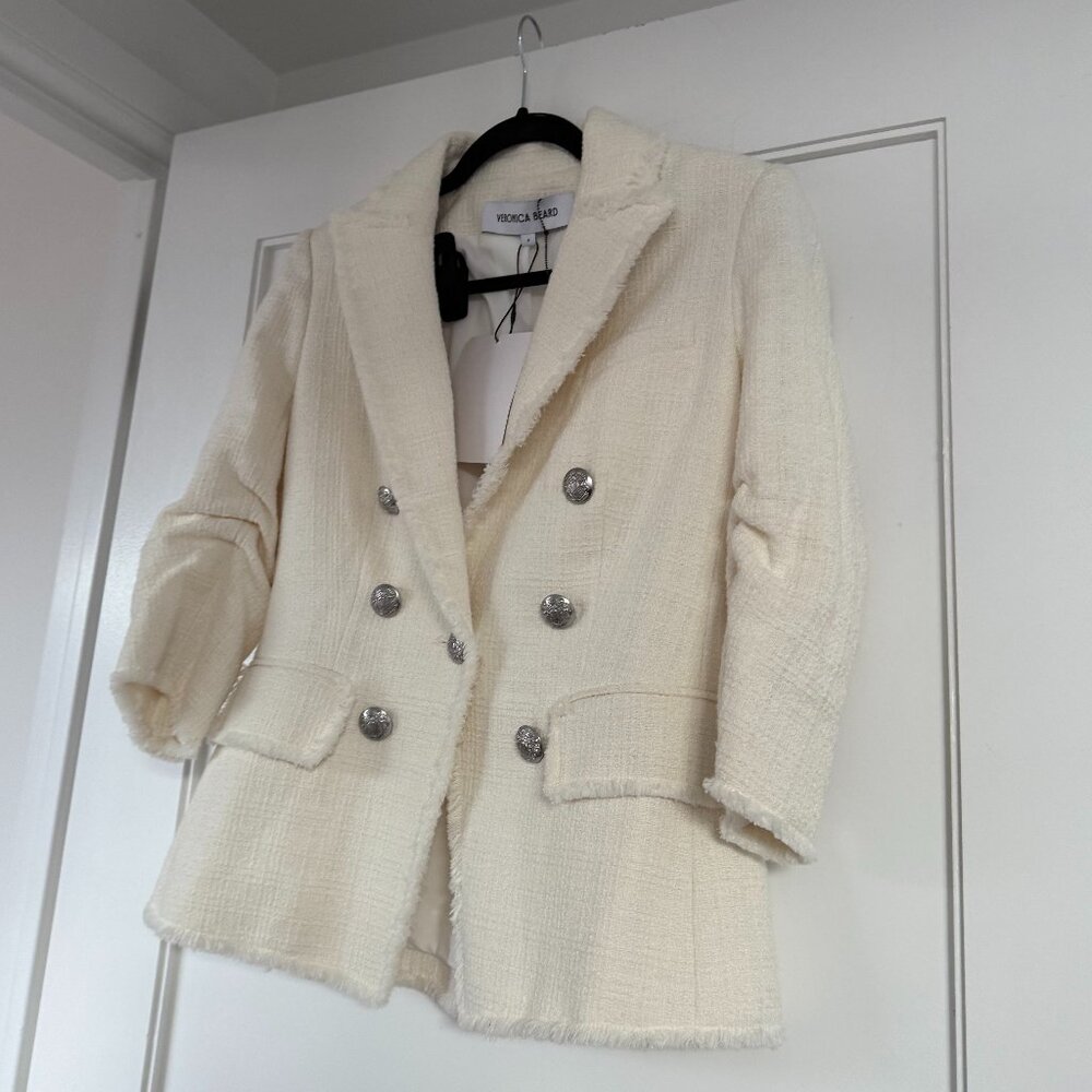 NWT Veronica Beard Tweed Blazer Jacket White Cinched Sleeves Fray Hem Sz 4